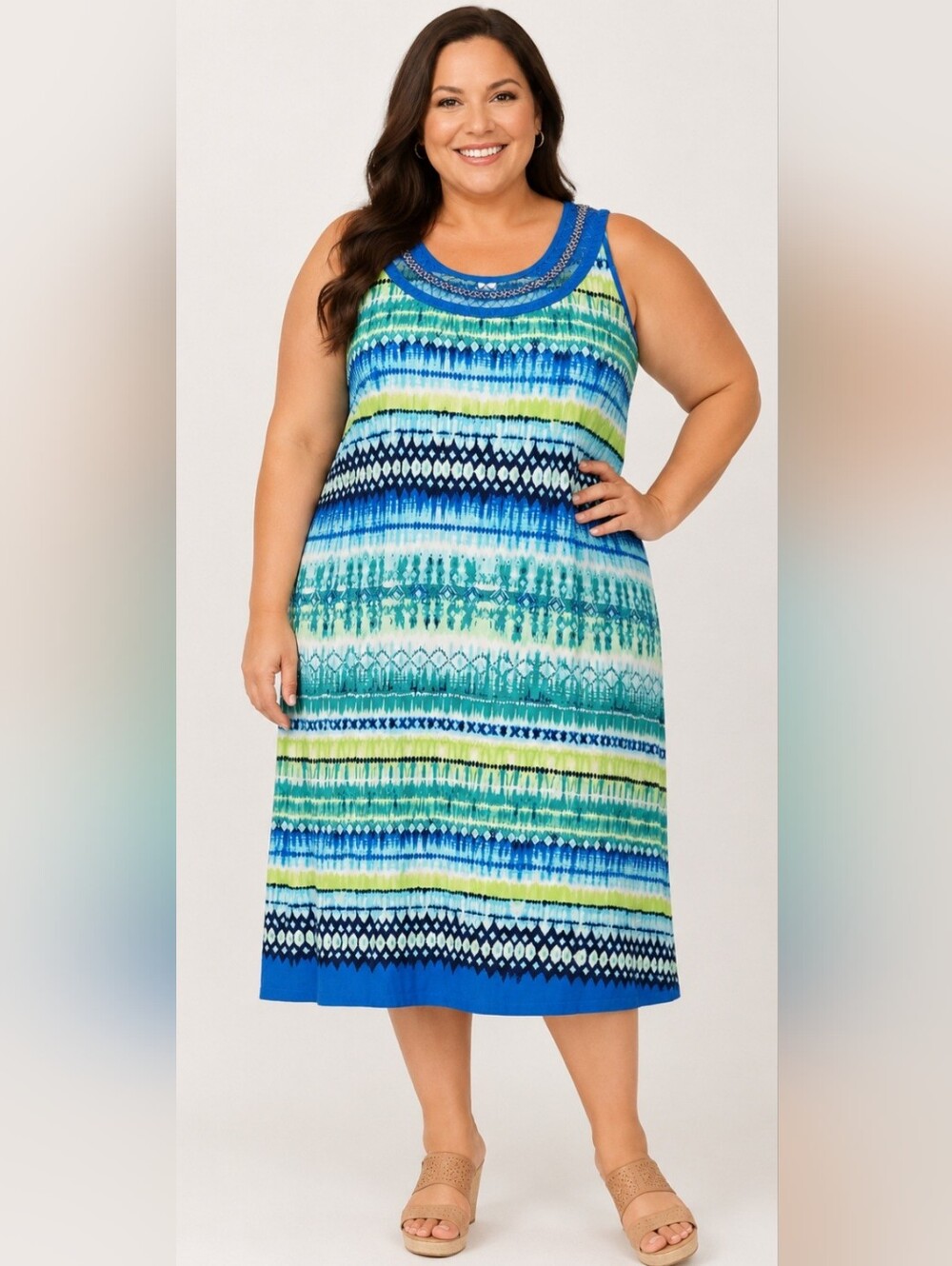 Catherines 3X NWT Blue Green Geometric Sleeveless Dress Plus Size